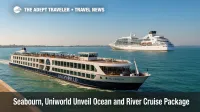 Two small luxury ships, S.S. Venezia and Seabourn Quest, share Venice's lagoon on a sunny day, illustrating a 2026 ocean and river cruise package.