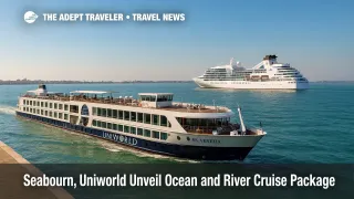Two small luxury ships, S.S. Venezia and Seabourn Quest, share Venice's lagoon on a sunny day, illustrating a 2026 ocean and river cruise package.
