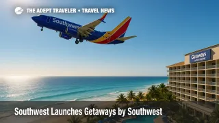 A Southwest jet taxis beside a beachfront resort pool complex, highlighting Getaways by Southwest vacation packages with sun, water, and leisure.