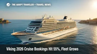 A Viking ocean ship cuts a bright wake along a calm coast, illustrating strong Viking 2026 cruise bookings and continued fleet expansion.