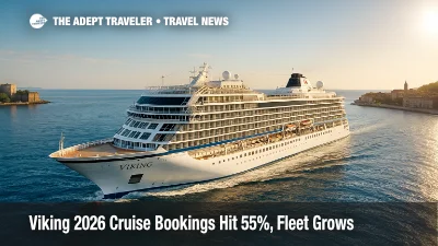 A Viking ocean ship cuts a bright wake along a calm coast, illustrating strong Viking 2026 cruise bookings and continued fleet expansion.