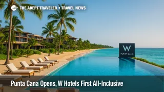 A wide aerial of W Punta Cana all-inclusive showing the 80-meter WET Deck and a palm-lined beach along Uvero Alto.