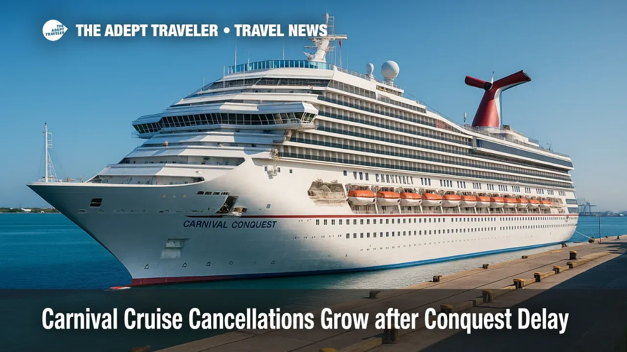 Carnival Conquest at PortMiami on a clear day as a new dry dock shift drives Carnival cruise cancellations and winter itinerary changes.