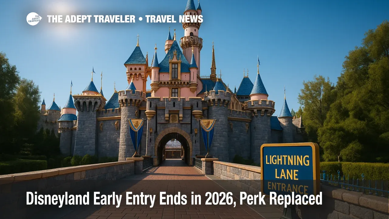 A sunny view of Sleeping Beauty Castle with a Lightning Lane sign, illustrating the 2026 change replacing Disneyland Early Entry with a Multi Pass perk.