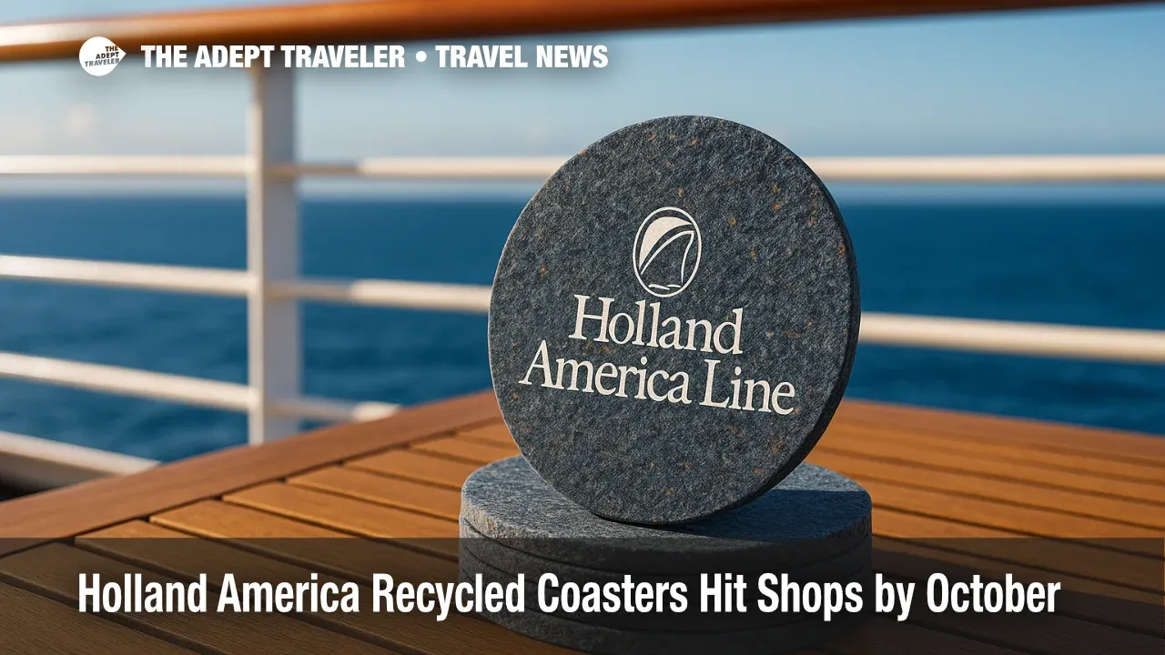 A stack of Holland America recycled coasters made from upcycled carpet sits on a shipboard table, illustrating a practical cruise sustainability idea.