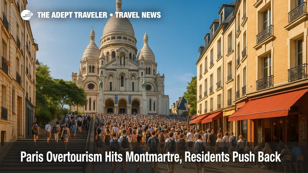 Crowded Montmartre steps beneath Sacré-Cœur highlight Paris overtourism pressures on the hill's narrow lanes and local businesses.