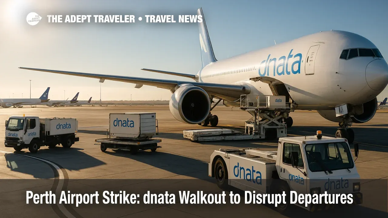 A busy Perth Airport ramp with ground equipment paused during a dnata strike, illustrating international departure and cargo disruption.