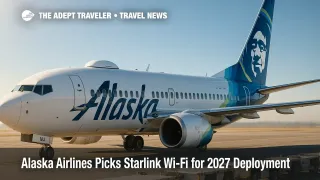 An Alaska Airlines 737 on the ramp as technicians fit a Starlink Wi-Fi radome, highlighting the airline's fast, low-latency inflight Wi-Fi upgrade.