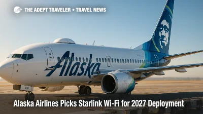 An Alaska Airlines 737 on the ramp as technicians fit a Starlink Wi-Fi radome, highlighting the airline's fast, low-latency inflight Wi-Fi upgrade.