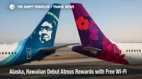 Alaska and Hawaiian aircraft tails on the ramp symbolize Atmos Rewards, with free Starlink Wi-Fi and flexible earning for travelers.