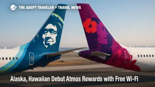 Alaska and Hawaiian aircraft tails on the ramp symbolize Atmos Rewards, with free Starlink Wi-Fi and flexible earning for travelers.