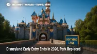 A sunny view of Sleeping Beauty Castle with a Lightning Lane sign, illustrating the 2026 change replacing Disneyland Early Entry with a Multi Pass perk.