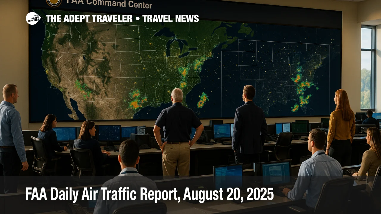 A wide view of the FAA Command Center radar wall with storm cells highlighted, illustrating a ground delay program in today's FAA daily air traffic report.