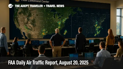 A wide view of the FAA Command Center radar wall with storm cells highlighted, illustrating a ground delay program in today's FAA daily air traffic report.