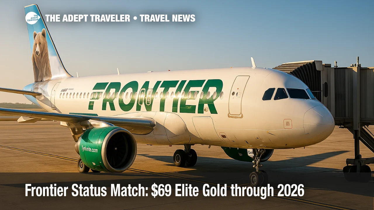 A Frontier Airlines A320neo at the gate highlights the Frontier status match with Elite Gold perks visible through premium seating cues and boarding signage.