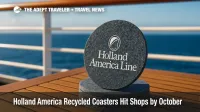 A stack of Holland America recycled coasters made from upcycled carpet sits on a shipboard table, illustrating a practical cruise sustainability idea.