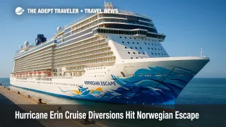 Norwegian Escape alongside in New York during Hurricane Erin cruise diversions, preparing for a revised route to The Bahamas and Bermuda.