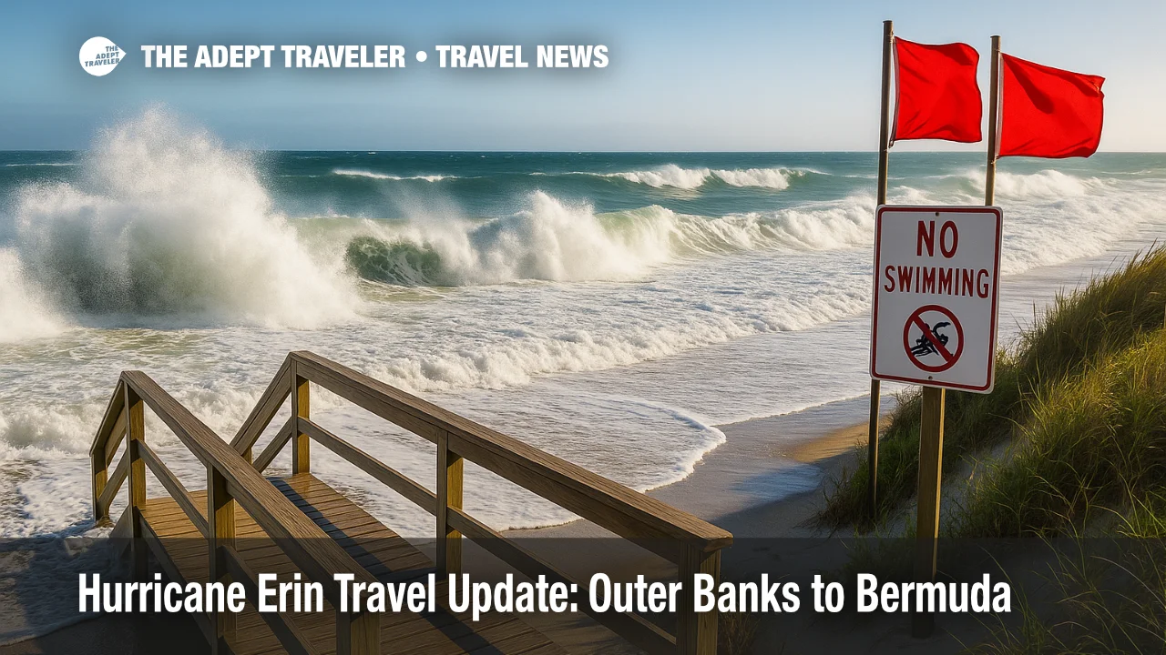 Powerful storm surf and double-red-flag beach closure during Hurricane Erin, illustrating rip-current danger and coastal flooding risks for travelers.