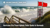 Powerful storm surf and double-red-flag beach closure during Hurricane Erin, illustrating rip-current danger and coastal flooding risks for travelers.
