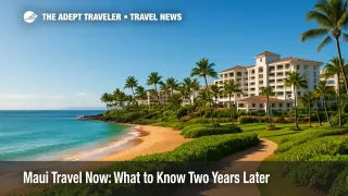 A sunny Wailea shoreline view with resort grounds, blue water, and golden sand, illustrating responsible Maui travel and refreshed visitor experiences.