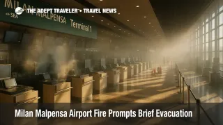 Passengers return to a cleaned Terminal 1 check-in hall after the Milan Malpensa Airport fire, with firefighters' gear staged near counters and screens under repair.