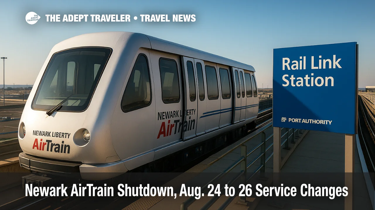 AirTrain Newark paused at the Rail Link Station during maintenance, showing signage and guideway details, highlighting the Newark AirTrain shutdown at EWR.
