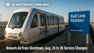 AirTrain Newark paused at the Rail Link Station during maintenance, showing signage and guideway details, highlighting the Newark AirTrain shutdown at EWR.