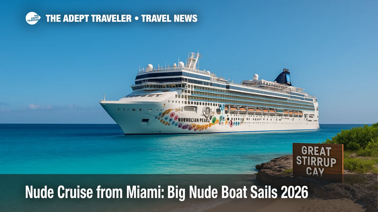Norwegian Pearl at anchor near Great Stirrup Cay on a clothing optional nude cruise, with turquoise water and a sunny sky.