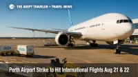 A ramp scene at Perth Airport shows dnata ground equipment beside a widebody, illustrating the Perth Airport strike's impact on international departures.