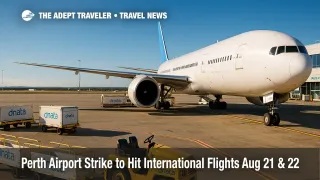 A ramp scene at Perth Airport shows dnata ground equipment beside a widebody, illustrating the Perth Airport strike's impact on international departures.