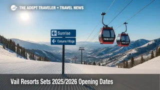 A freshly groomed slope with the Sunrise Gondola rising from Canyons Village, illustrating Vail Resorts 2025/26 opening dates and Epic Pass season details.