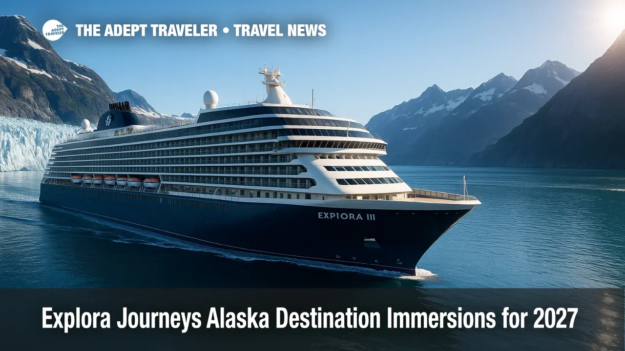 An EXPLORA III rendering glides past Alaska glaciers, illustrating Explora Journeys Alaska Destination Immersions with scenic rail and inland add-ons.