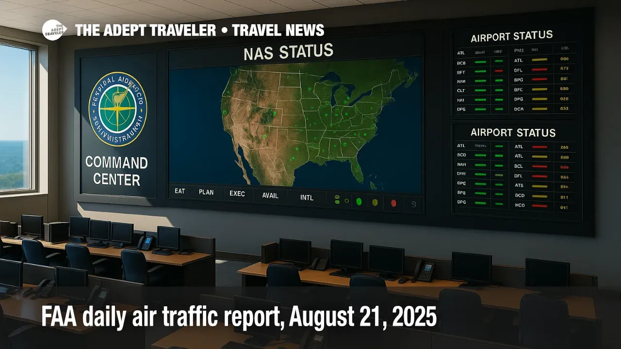 A wide interior view of FAA Command Center status boards and NAS map, illustrating the FAA daily air traffic report and summer weather impacts.