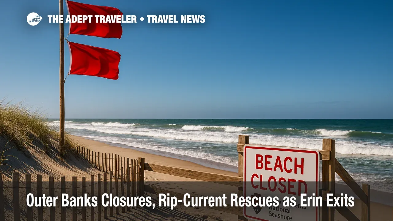 Double red flags and closed beach access on the Outer Banks illustrate Outer Banks closures and dangerous rip-current conditions after Hurricane Erin.