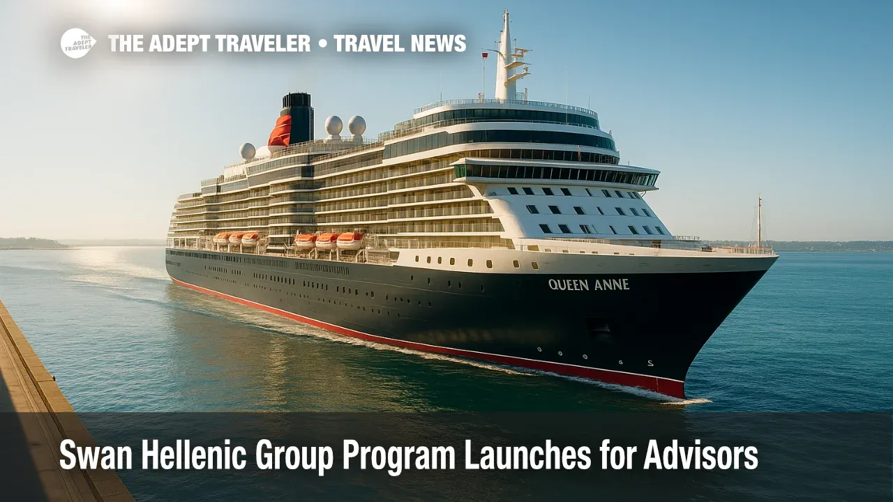 A Swan Hellenic expedition ship departs a calm harbor, illustrating the line's group program for expedition cruise groups with inclusive amenities.