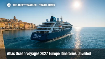A small Atlas Ocean Voyages ship glides past a sunlit Mediterranean harbor, highlighting Epicurean Expeditions in the 2027 Europe itineraries.