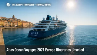 A small Atlas Ocean Voyages ship glides past a sunlit Mediterranean harbor, highlighting Epicurean Expeditions in the 2027 Europe itineraries.