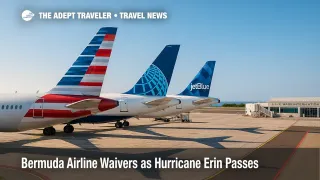 Airline tails on the ramp at L.F. Wade International Airport as Hurricane Erin prompts Bermuda airline waivers and flexible rebooking options.