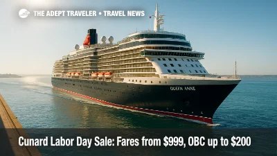 Queen Anne sails under clear skies, highlighting the Cunard Labor Day Sale with fares from \$999 and onboard credit for longer premium voyages.