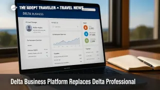 A laptop shows the new Delta Business platform dashboard with smart search and a unified wallet for corporate travel programs.