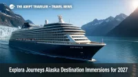 An EXPLORA III rendering glides past Alaska glaciers, illustrating Explora Journeys Alaska Destination Immersions with scenic rail and inland add-ons.
