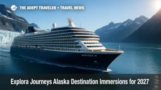 An EXPLORA III rendering glides past Alaska glaciers, illustrating Explora Journeys Alaska Destination Immersions with scenic rail and inland add-ons.