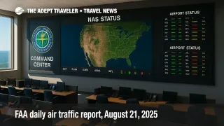 A wide interior view of FAA Command Center status boards and NAS map, illustrating the FAA daily air traffic report and summer weather impacts.