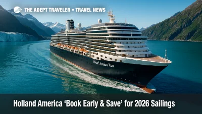A Holland America ship sails through a blue Alaska fjord, illustrating the Holland America Book Early & Save promotion for 2026.