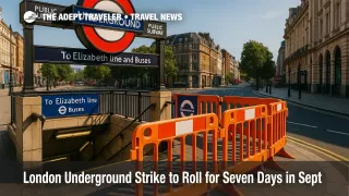 A London Underground station entrance with strike-day barriers, guiding travelers toward Elizabeth line and bus alternatives during a Tube strike.
