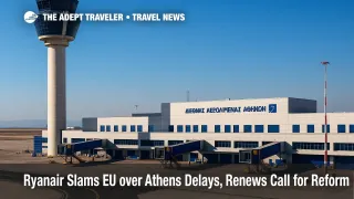 Athens airport control tower and ramp under clear skies, illustrating European air traffic control delays and Ryanair's renewed call for EU ATC reform.