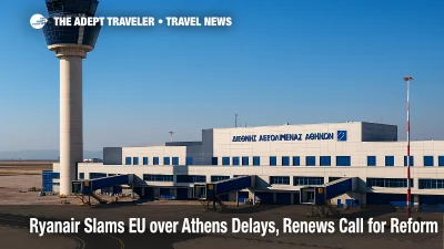 Athens airport control tower and ramp under clear skies, illustrating European air traffic control delays and Ryanair's renewed call for EU ATC reform.