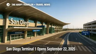 The new San Diego Terminal 1 curbside with the departures canopy, showing airport parking access and the main entrance road in bright sun.