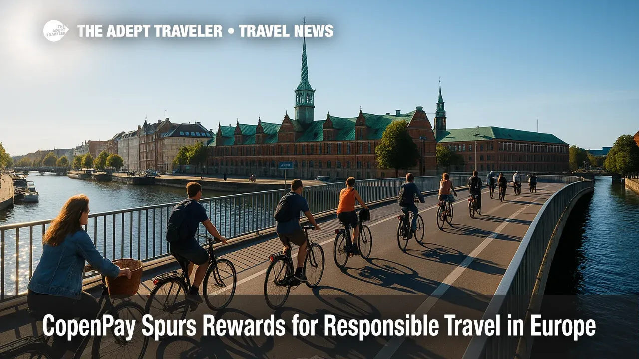 Bicyclists glide over a Copenhagen canal bridge on a sunny morning, illustrating sustainable tourism and the CopenPay rewards approach.