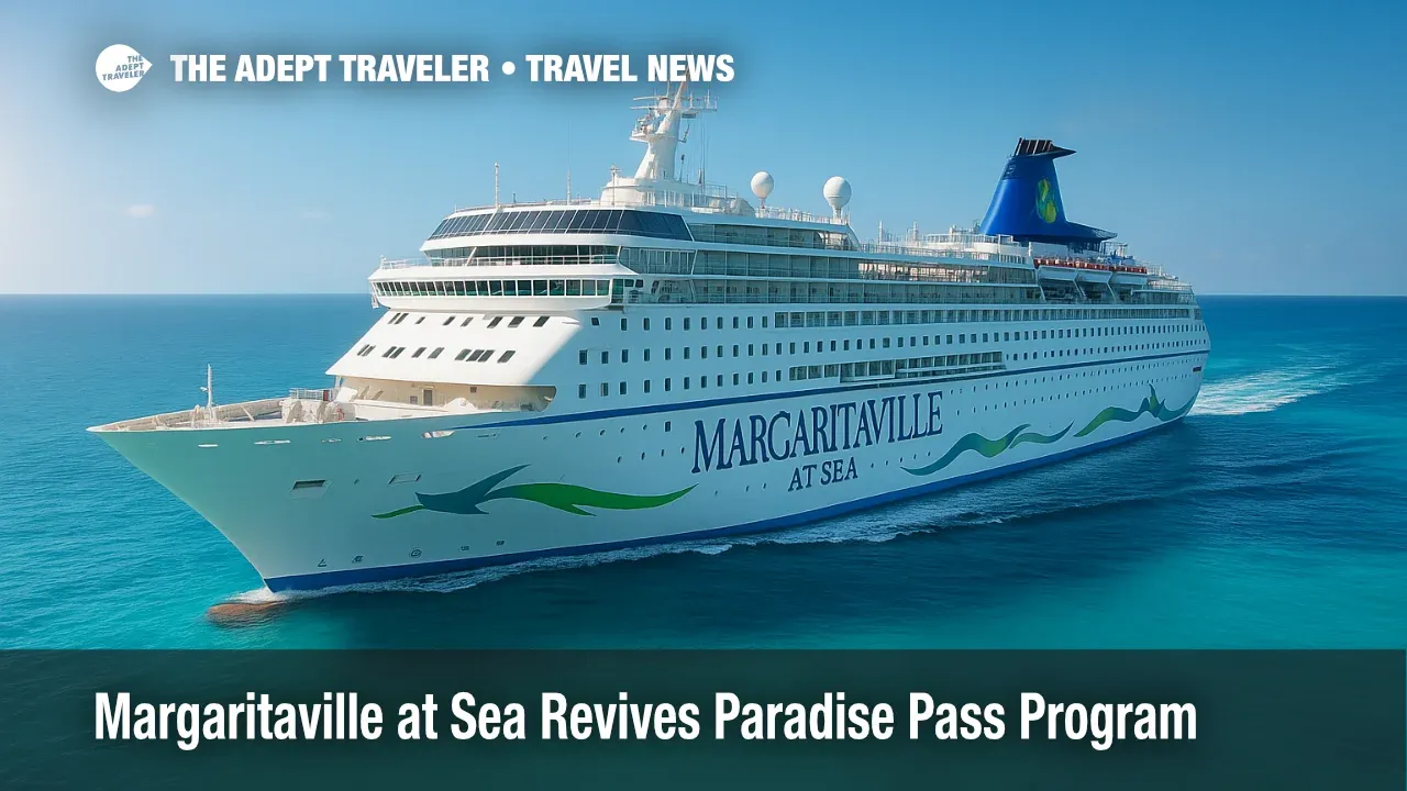 A Margaritaville at Sea cruise ship sails in turquoise Bahamian waters, representing the Paradise Pass unlimited cruise program.